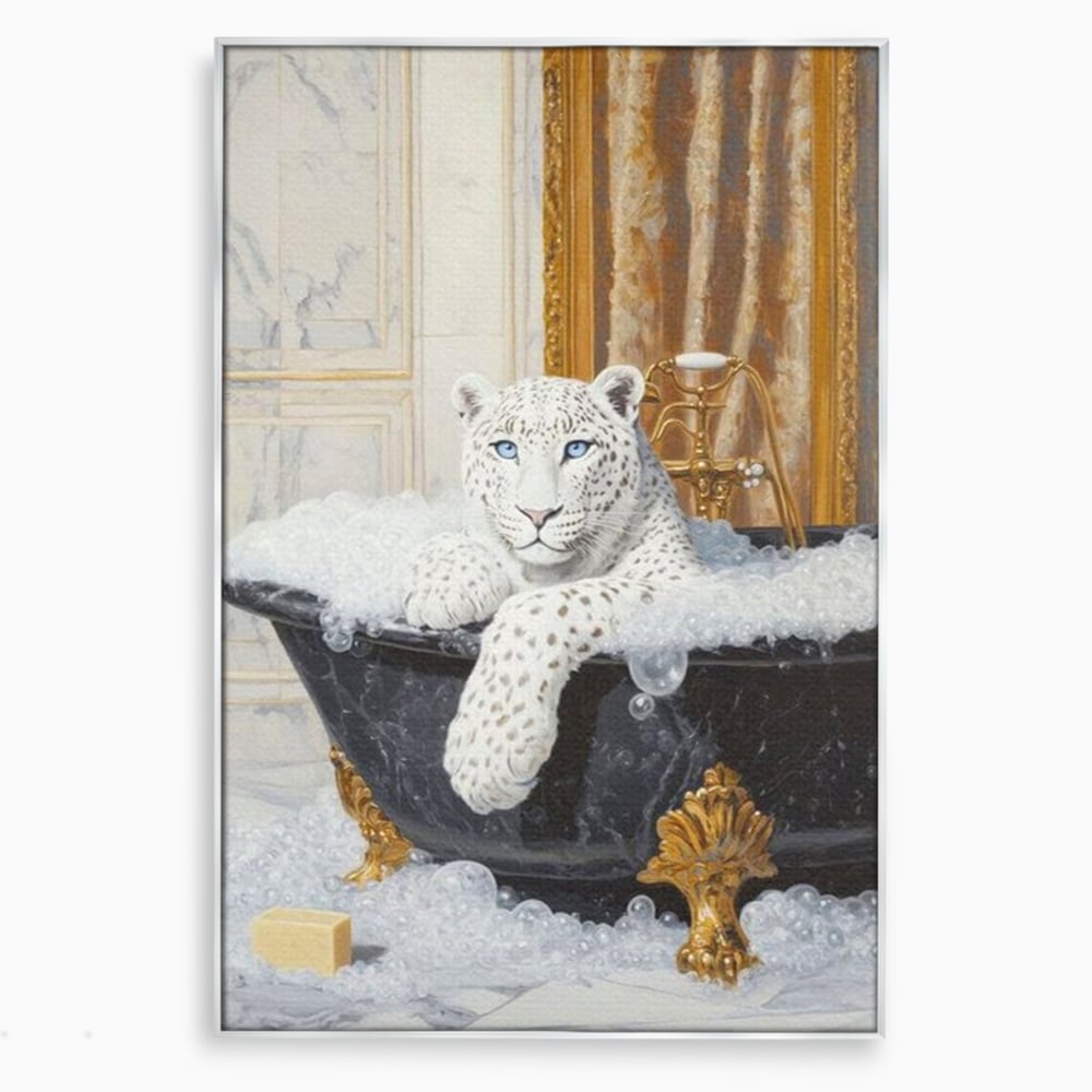 Tablou canvas cu tablou canvas cu leopard alb in cada, in rama de aluminiu argintiu